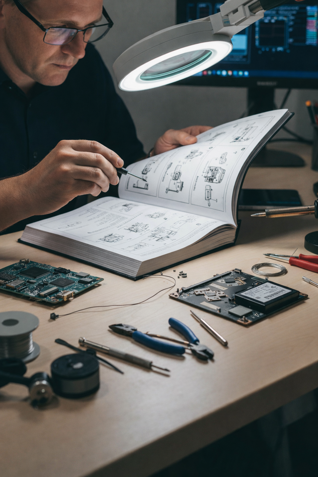 매뉴얼을 보며 수리하는 모습